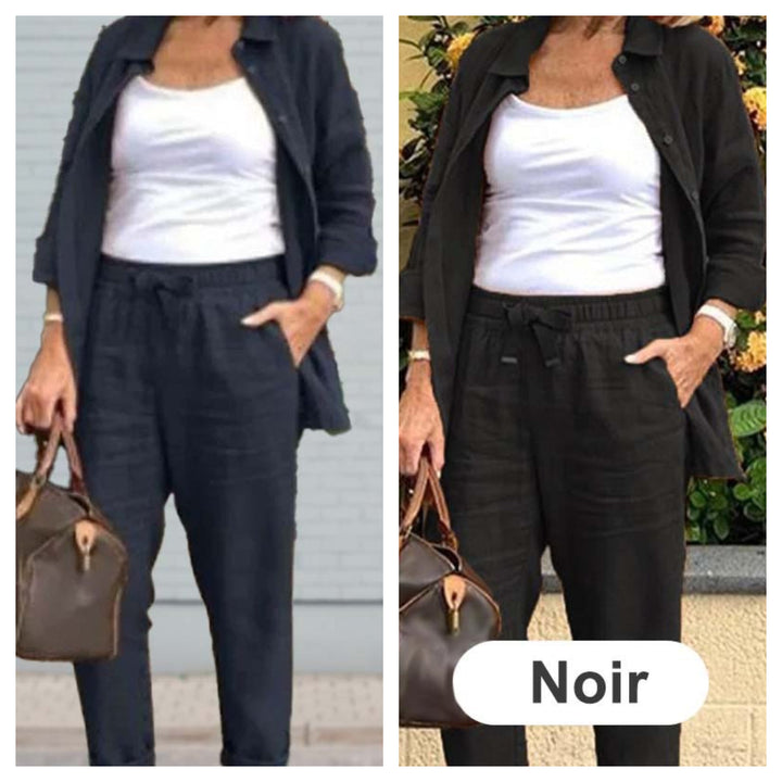 Ensemble Chemisier à Manches Longues et Pantalon en Coton et Lin pour Femmes